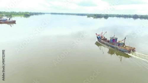 Boat in Wouri Delta, aerial photo