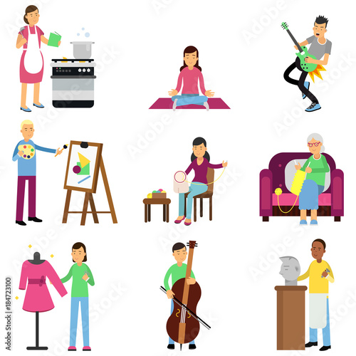 Creative set of adult people and their hobbies. Cooking, painting, playing guitar and bass, embroidery, knitting, sewing, sculpturing. Flat vector