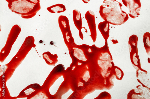 Murder scene, genocide and halloween concept with bloody handprints isolated on white background