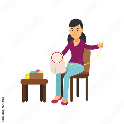 Illustration of young brunette woman sitting on the chair and embroidering on the canvas. Needlework concept. Vector character