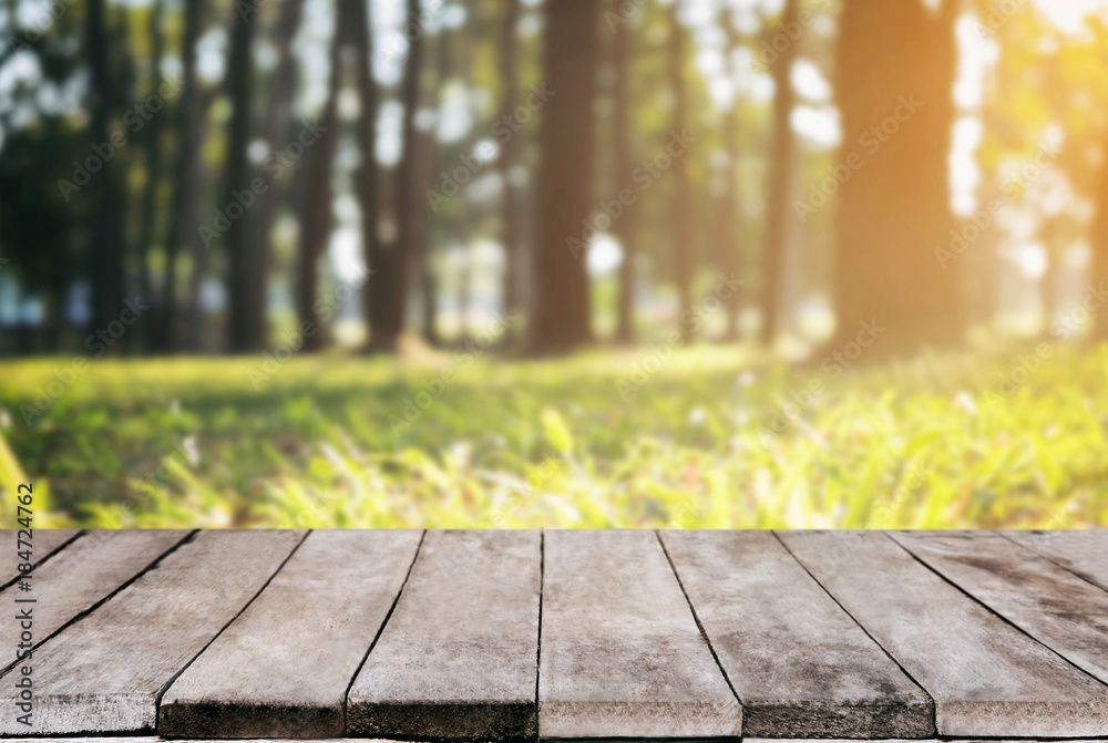 Selected focus empty wooden table and view of green forest blur background with bokeh image. for your photomontage or product display Selected focus empty wooden table and view of green forest blur background with bokeh image. for your photomontage or product display