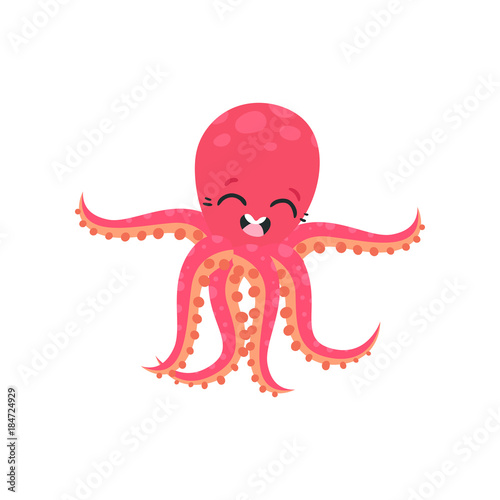 Cute six-tentacled octopus with smiling face expression. Marine animal. Cartoon character of sea creature. Flat vector design for kids print, sticker, card or poster