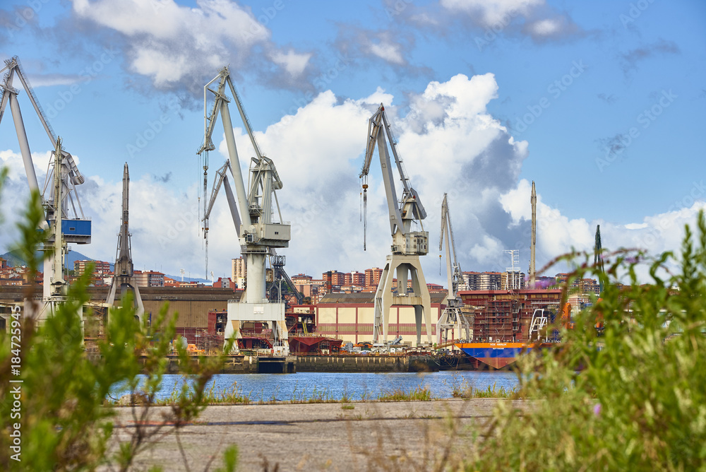 Cranes in Shipyard, Sestao, Biscay, Basque Country, Spain, Europe