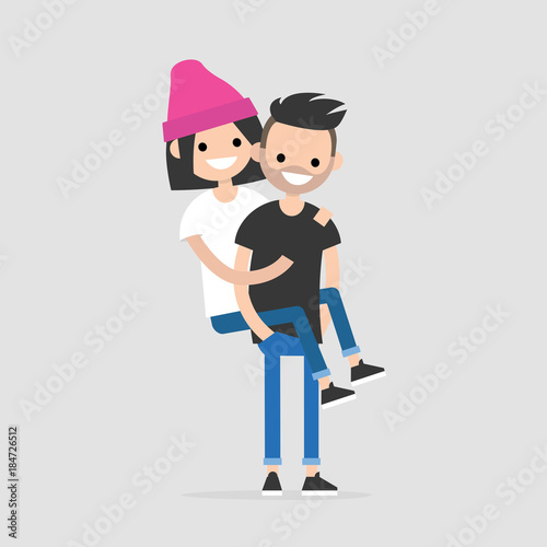Piggyback ride: a couple of teenagers having fun. Youth lifestyle. Flat editable vector illustration, clip art