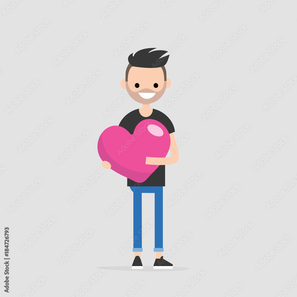 Saint Valentines concept. Young smiling character holding a big pink heart. Declaration of love. Flat editable vector illustration, clip art Saint Valentines concept. Young smiling character holding a big pink heart. Declaration of love. Flat editable vector illustration, clip art