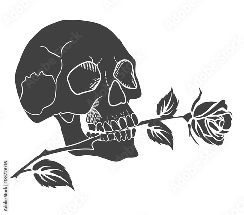 The human skull holds a rose in the teeth. Black silhouette of tattoo vector illustration.