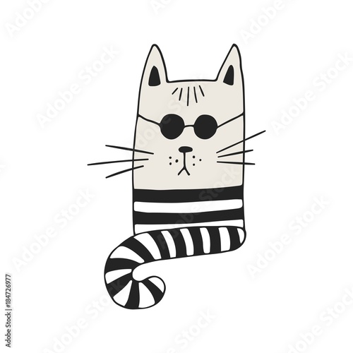 Cute hand drawn nursery poster with cat character in scandinavian style. Monochrome vector illustration