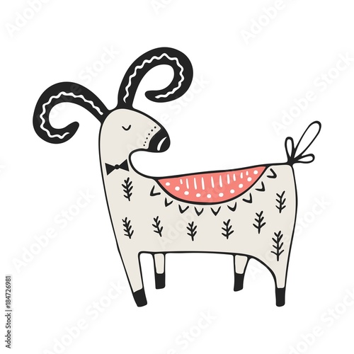 Cute hand drawn nursery poster with ram in scandinavian style. Monochrome vector illustration