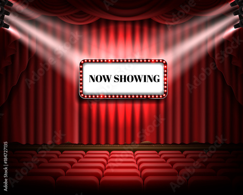 Red curtain and empty illuminated theatrical stage with white luminous banner and text now showing, realistic vector. Grand opening concept, performance event premiere poster, announcement template