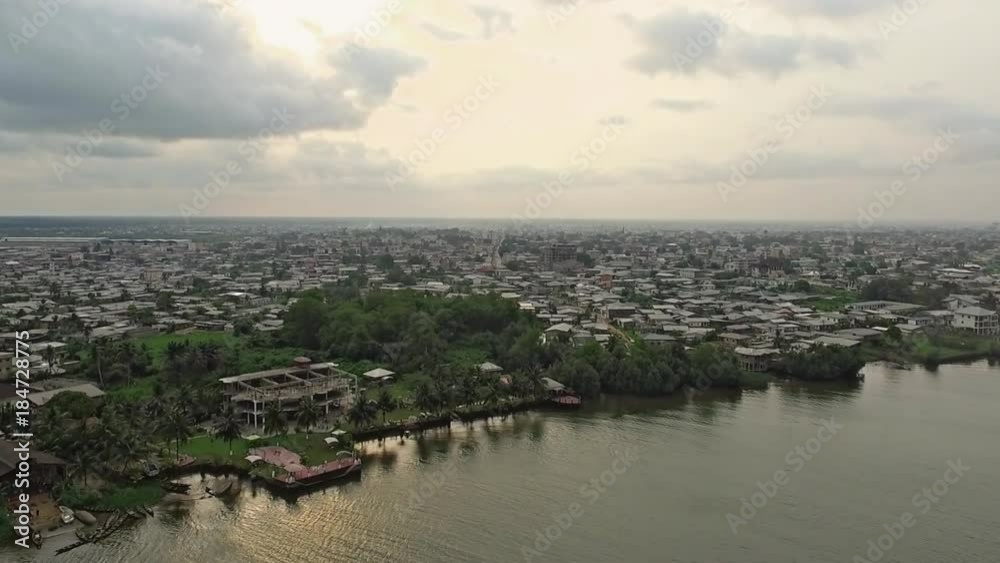 Aerial, scenic coastline along Douala Bay Aerial, scenic coastline along Douala Bay