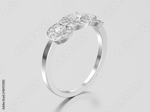 3D illustration white gold or silver three stone solitaire engagement ring