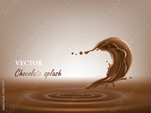 Vector 3D illustration of melted, liquid chocolate splash in a realistic style. Template for package desing, promotion flyer, poster, banner. Mockup for your product