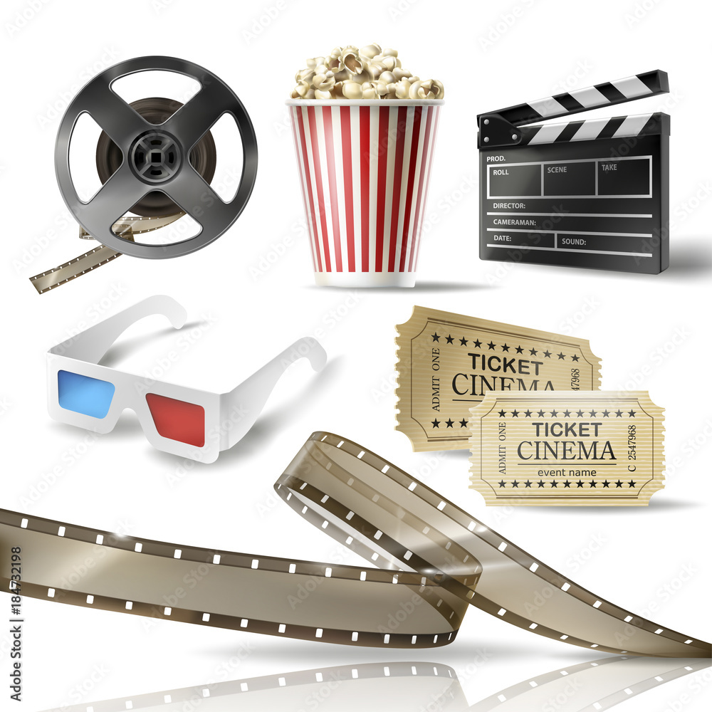 Cinema set of 3D realistic objects cardboard bucket with popcorn, reel,  tape, glasses, movie tickets and clapperboard. Vector colorful design  elements of film industry isolated on white background Stock Vector