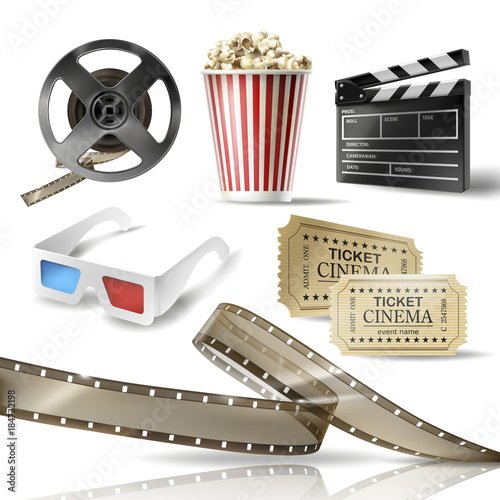 Cinema set of 3D realistic objects cardboard bucket with popcorn, reel, tape, glasses, movie tickets and clapperboard. Vector colorful design elements of film industry isolated on white background