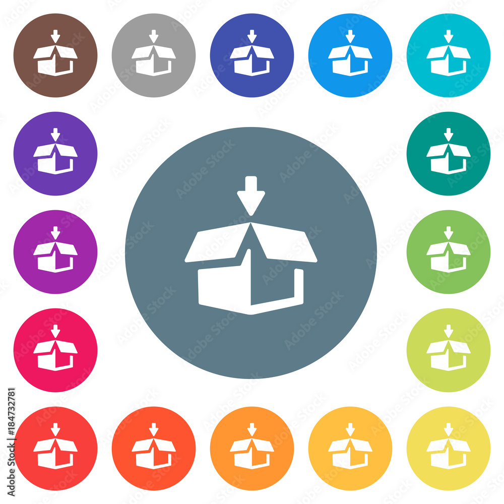 Pack to box flat white icons on round color backgrounds Pack to box flat white icons on round color backgrounds