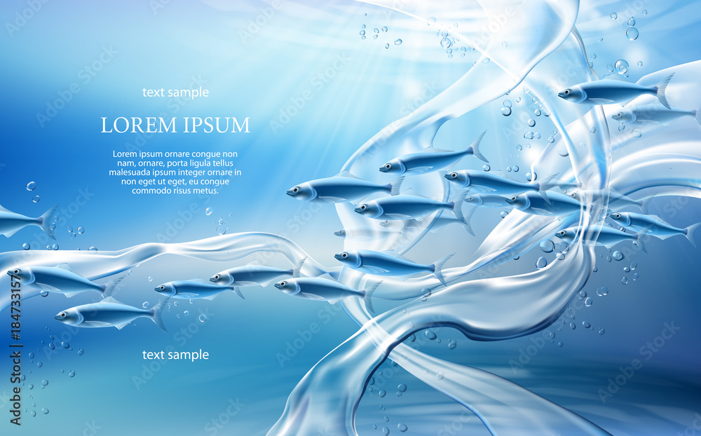 Fototapeta premium Realistic pure water streams on light blue background with translucent fishes, swirl splashes and drops. Underwater world concept 3D vector illustration