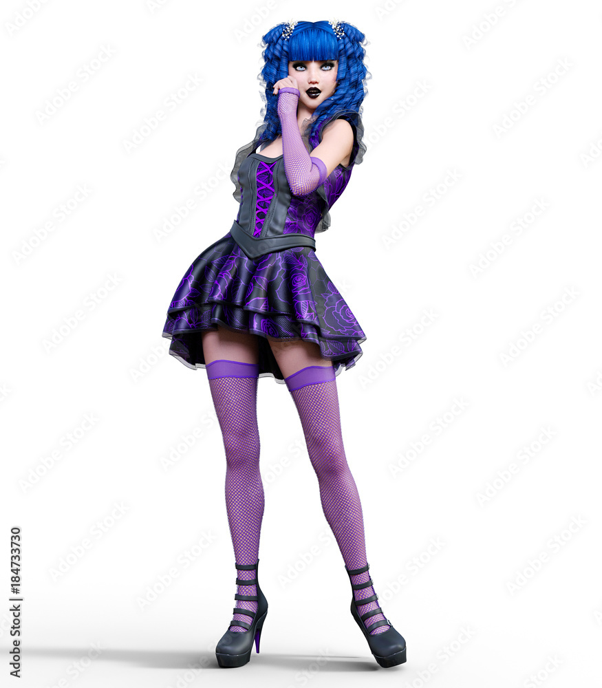 Young beautiful girl with doll face posing photo shoot. Short light purple dress, stockings, shoes. Long blue hair. Bright goth make up. Conceptual fashion art. Realistic 3D render illustration. Young beautiful girl with doll face posing photo shoot. Short light purple dress, stockings, shoes. Long blue hair. Bright goth make up. Conceptual fashion art. Realistic 3D render illustration.