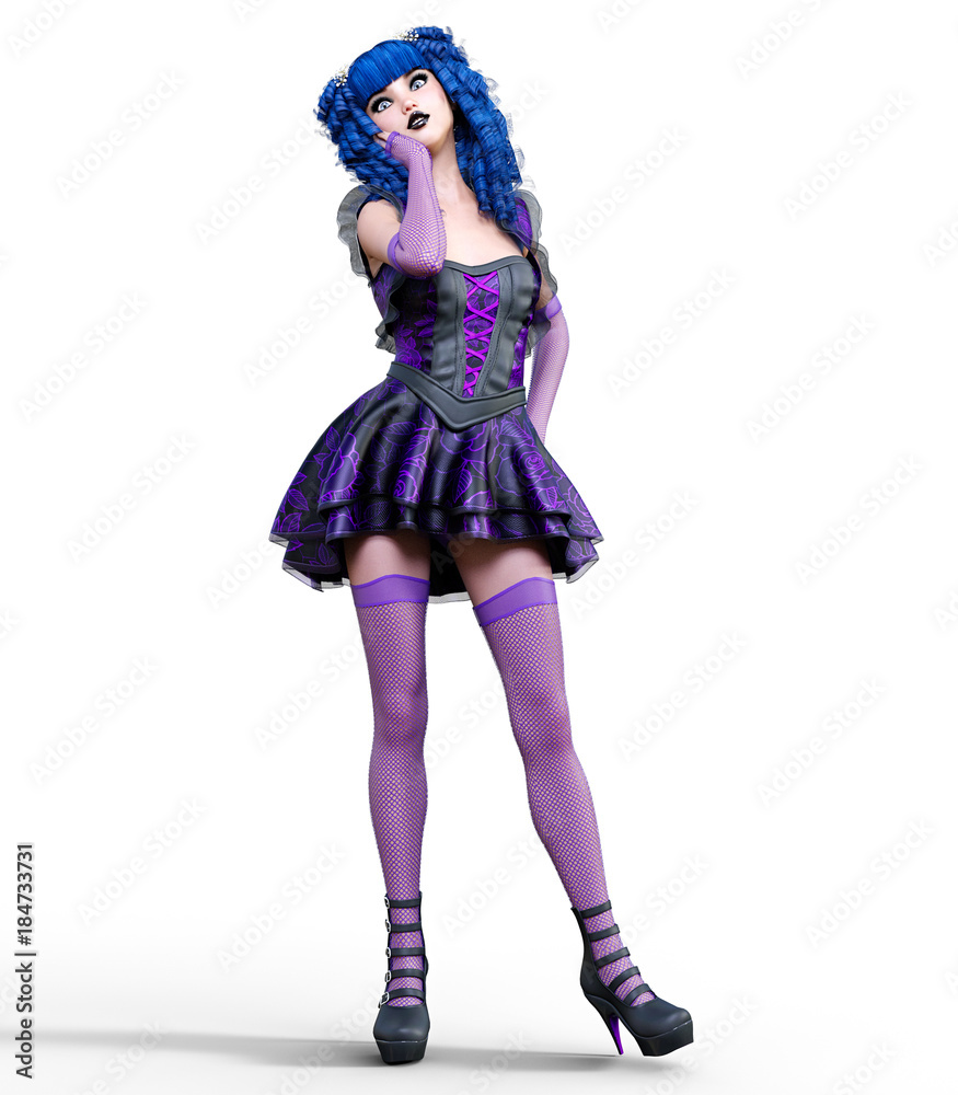 Young beautiful girl with doll face posing photo shoot. Short light purple dress, stockings, shoes. Long blue hair. Bright goth make up. Conceptual fashion art. Realistic 3D render illustration. Young beautiful girl with doll face posing photo shoot. Short light purple dress, stockings, shoes. Long blue hair. Bright goth make up. Conceptual fashion art. Realistic 3D render illustration.