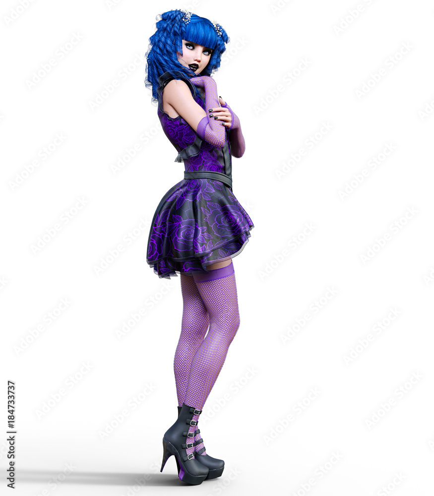 Young beautiful girl with doll face posing photo shoot. Short light purple dress, stockings, shoes. Long blue hair. Bright goth make up. Conceptual fashion art. Realistic 3D render illustration. Young beautiful girl with doll face posing photo shoot. Short light purple dress, stockings, shoes. Long blue hair. Bright goth make up. Conceptual fashion art. Realistic 3D render illustration.