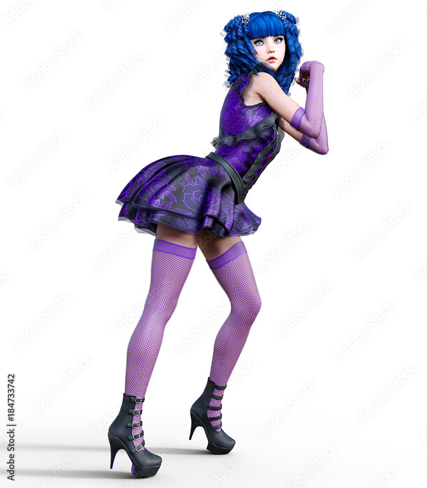 Young beautiful girl with doll face posing photo shoot. Short light purple dress, stockings, shoes. Long blue hair. Bright goth make up. Conceptual fashion art. Realistic 3D render illustration. Young beautiful girl with doll face posing photo shoot. Short light purple dress, stockings, shoes. Long blue hair. Bright goth make up. Conceptual fashion art. Realistic 3D render illustration.