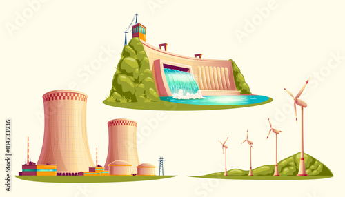 Alternative energy sources, concept of environmental protection, set of vector cartoon isolated on white background. Hydroelectric power plant with dam, wind turbines and nuclear power station