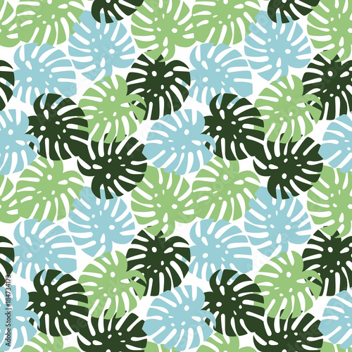monstera blue, light green and dark green leaves tropical summer paradise pattern on a white background seamless vector