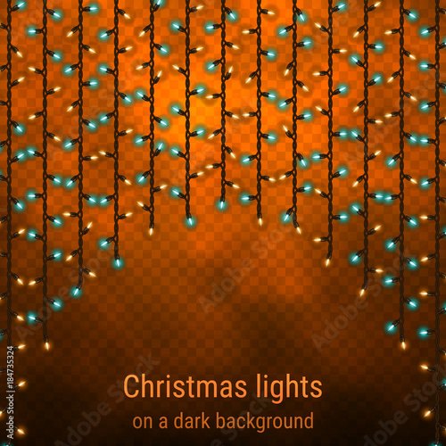 ОсновныNew Year and Christmas light curtain. Hanging glowing luminous bulbs for party decoration. Decorative sparkling lights on a dark translucent backgroundе RGB