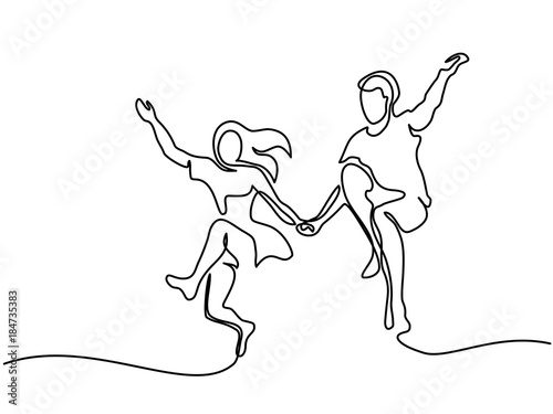 Happy jumping couple. Continuous line drawing. Vector illustration on white background