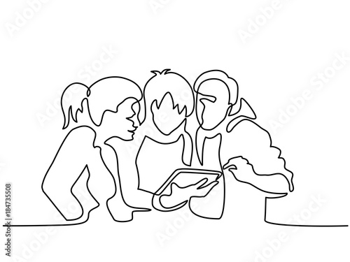 Continuous line drawing. Happy friends browsing electronic tablet.