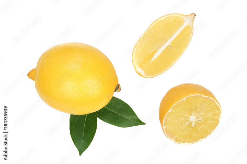 lemon and slices with leaf isolated on white background. Flat lay, top view