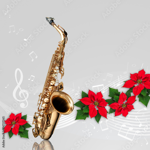 Photography Saxophone with Red Poinsettia flower christmas ornament
