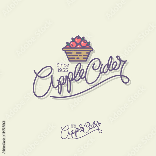 Apple Cider logo. Retro lettering. Apple cider emblem and a basket of apples.