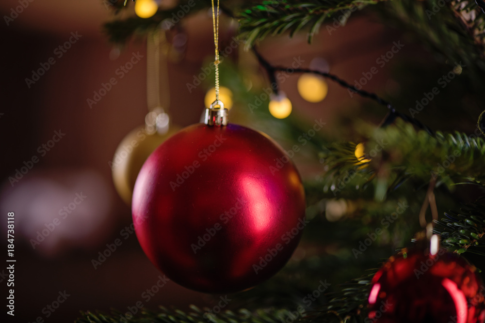 close up of christmas tree decorations