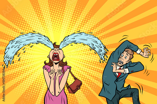 Whimsical weeping woman and funny fright men