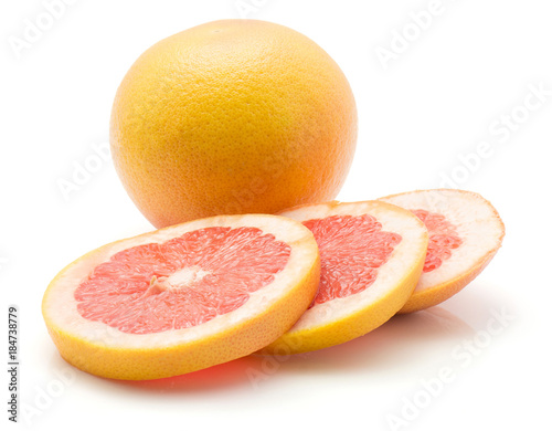 Sliced red grapefruit isolated on white background one whole three rings.