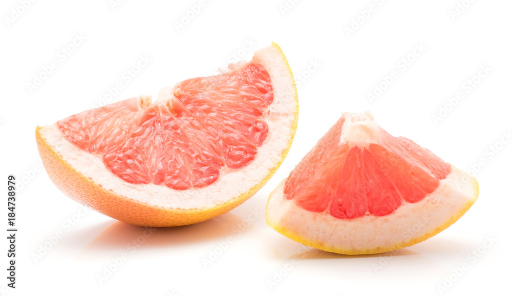 One red grapefruit slice and a piece isolated on white background. One red grapefruit slice and a piece isolated on white background.