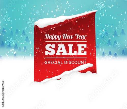 Christmas sale background with red realistic ribbon banner and snow. Vector illustration