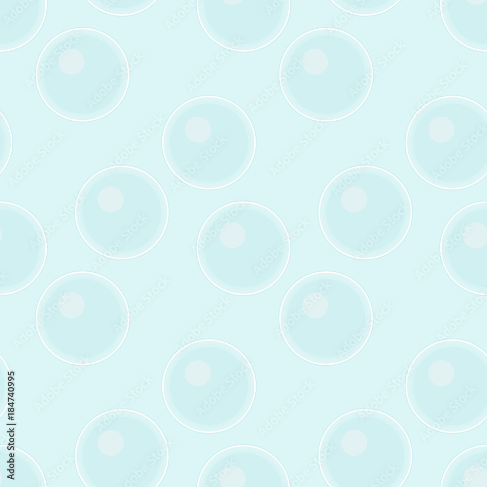 Seamless pattern with blue transparent soap or water bubbles. Vector wallpaper with fizzy sparkles in sea, aquarium, ocean. Effervescent drink background