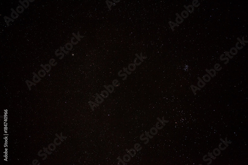 Blue dark night sky with many stars above field of trees