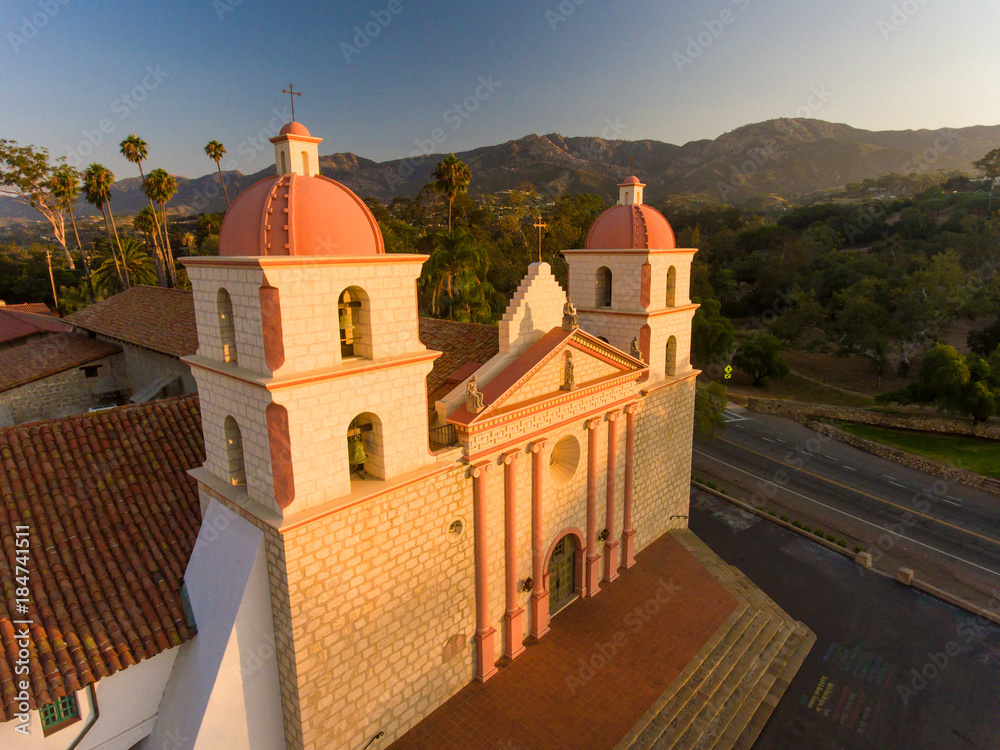 aerial view of Mission Santa Barbara at sunrise, Santa Barbara, California