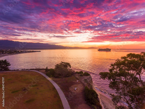 aerial view of cruise ship off Santa Barbara, California at dawn