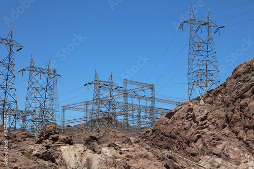 Pylon with electricity Power Lines at Hoover Dam on the Stateline of Nevada and Arizona. USA