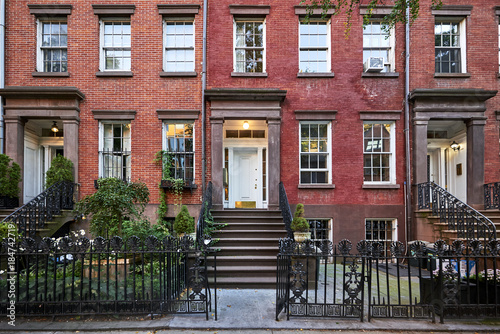 a colorful brownstone building