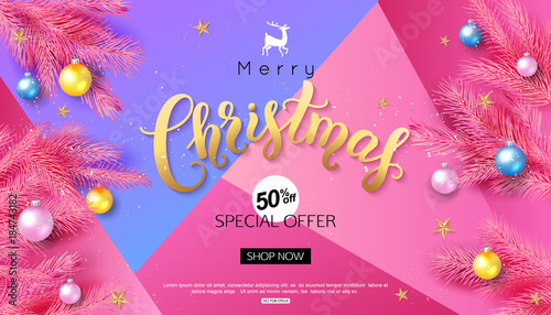 Christmas calligraphy sale inscription on pink background background decorate balls fir branch and gold stars for online banner or promo poster design. Vector illustration