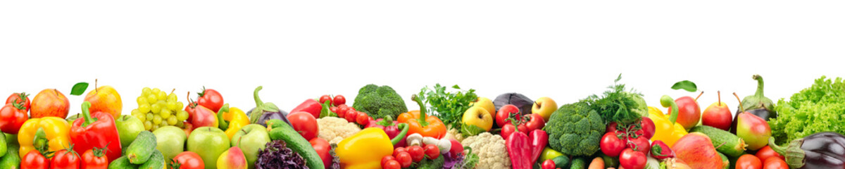 Wide collage of fresh fruits and vegetables for layout isolated on white background.