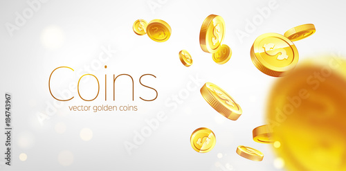 Banner Realistic Gold coins flying. Gray background.