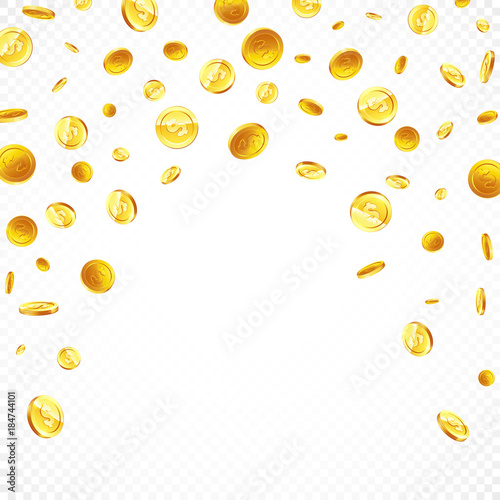 Falling gold coins in different positions illustration, isolated background.