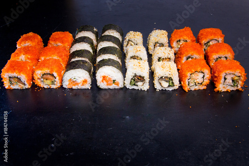 Sushi and roll set with salmon. Japanese food. 22 photo