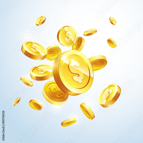 Banner Realistic Gold coins flying. Color background.