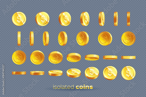 Gold coins set isolated in different positions